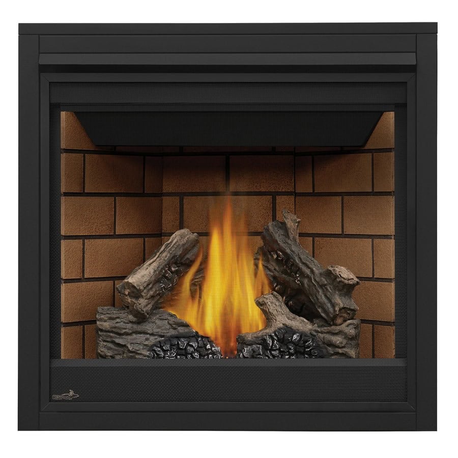 A fireplace with logs and a brick wall.